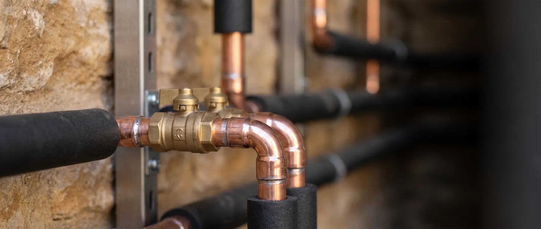Copper pipe joints and brass valves on a heating manifold against a stone wall