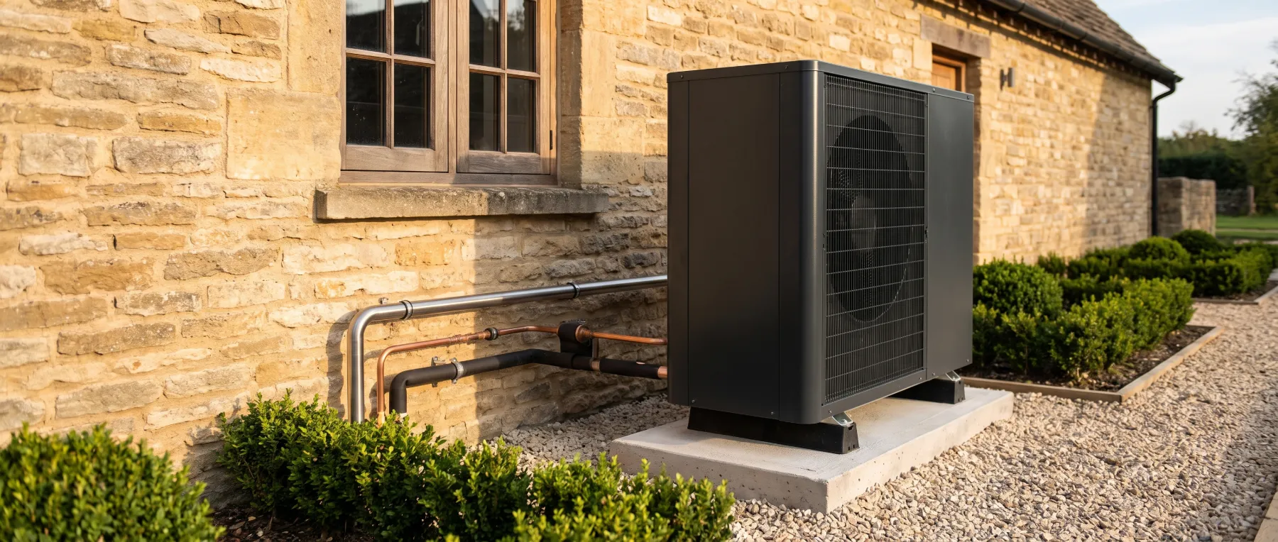 A dark outdoor heat pump on a concrete pad beside a honey stone house wall